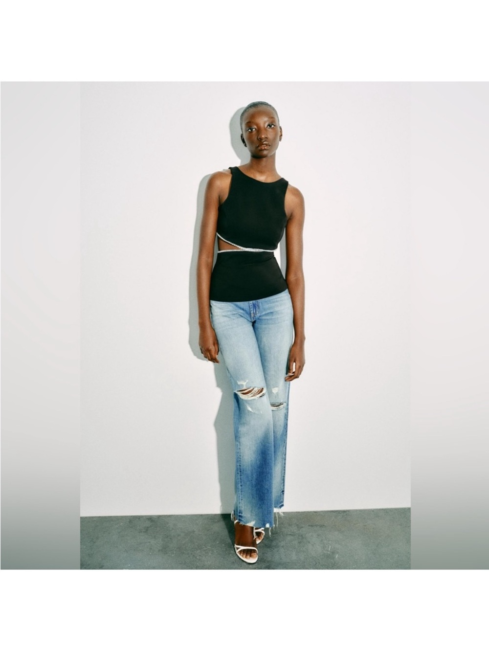 Zara Black Cut Out Crop Top Rhinestone Crystal Trim Sleeveless Tank Y2K peplum